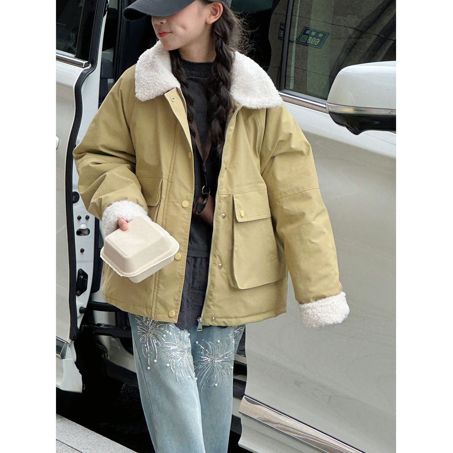 羊羔毛翻领女童夹棉外套2025秋冬