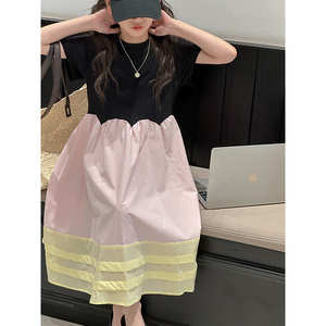 PAUL童装 原创设计女童拼接连衣裙2026新款夏季儿童短袖裙子A字裙