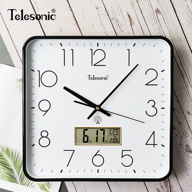 telesonic/天王星方形电波钟钟表客厅卧室静音壁钟日历居家时钟表