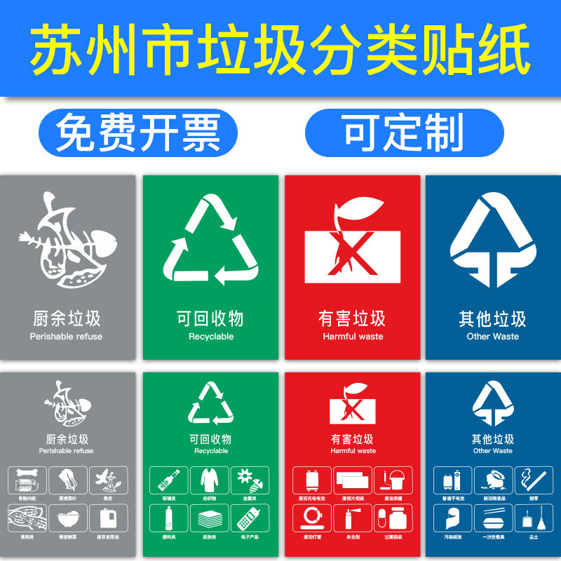 苏州市垃圾分类标识贴纸不可回收干其他墙贴幼儿园儿童创意家用宣传