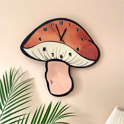 卡通香菇蘑菇创意个性装饰挂墙钟表幼儿园菜店餐饮店静音挂钟时钟