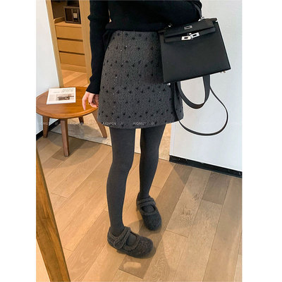 夏央2025冬季新款钉珠加厚毛呢高腰显瘦半身裙女士时尚百搭#7763