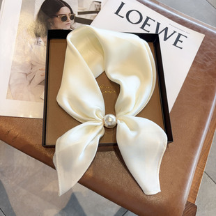 百搭纯色真丝珍珠磁吸扣小丝巾女100%桑蚕丝懒人系脖春秋装 饰领巾