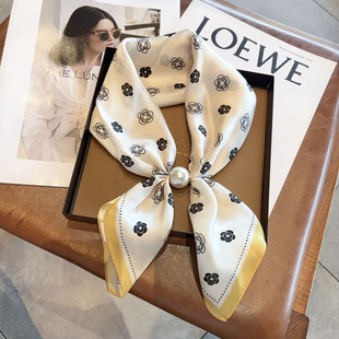 新款真丝珍珠磁吸扣小方巾100%桑蚕丝丝巾春秋装饰领巾懒人系脖女