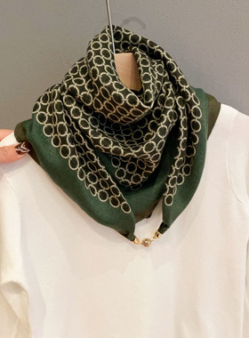 绿色三角巾百搭磁吸扣装饰棉麻围巾女小方巾双面领巾假领子围脖潮