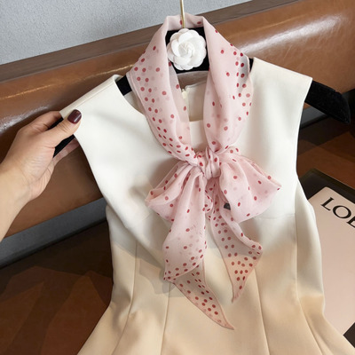 赫本风波点真丝乔其纱高级感长条小丝巾100%桑蚕丝女时尚围巾飘带