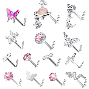 New pink L-shaped nose nail鼻钉贴爆闪蝴蝶镶锆石不锈钢穿刺鼻