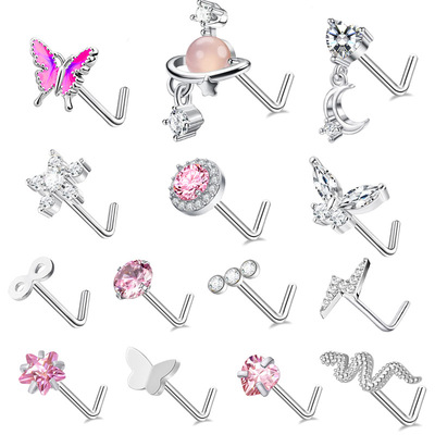 New pink L-shaped nose nail鼻钉贴爆闪蝴蝶镶锆石不锈钢穿刺鼻