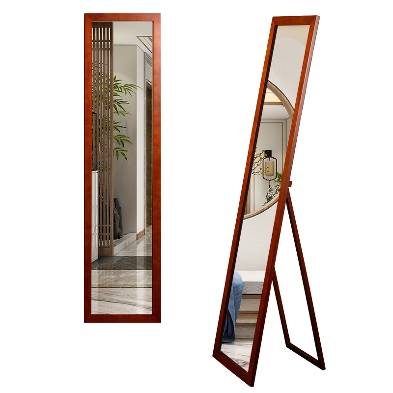 胡桃色带支架日式风实木穿衣镜子