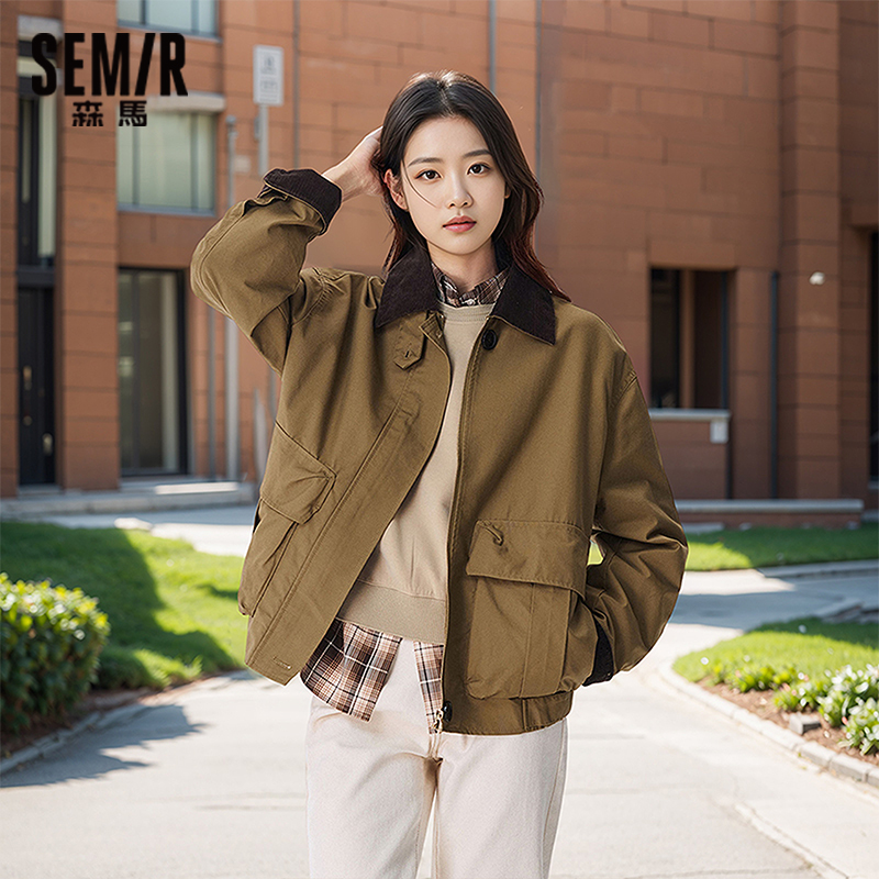 森马工装风灯芯绒翻领宽松外套女