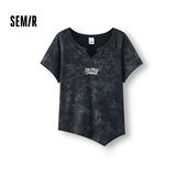 紧身插肩袖 森马短袖 T恤女夏短款 字母不规则显瘦复古甜酷潮酷衣服