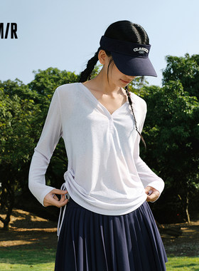 森马V领纯色罩衫抽绳长袖T恤女