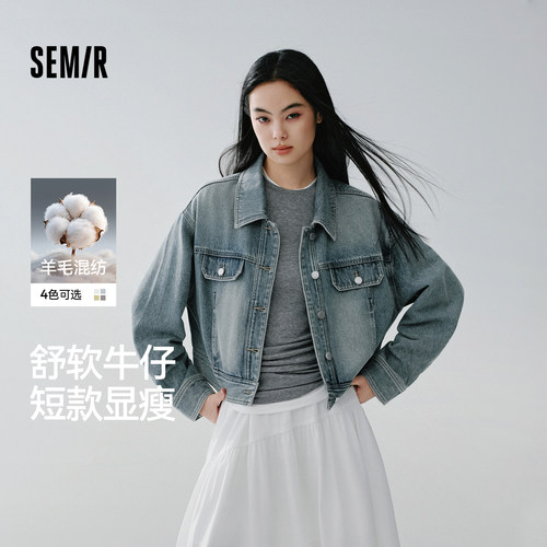 森马工装风翻领短款牛仔外套女