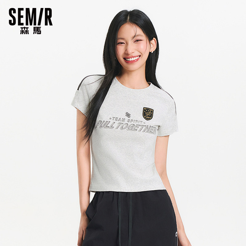 森马字母正肩修身短款短袖T恤女图片