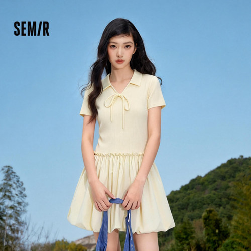 森马连衣裙女polo领木耳边夏季款