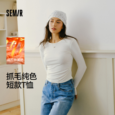 森马发热抓毛显瘦短款长袖T恤女