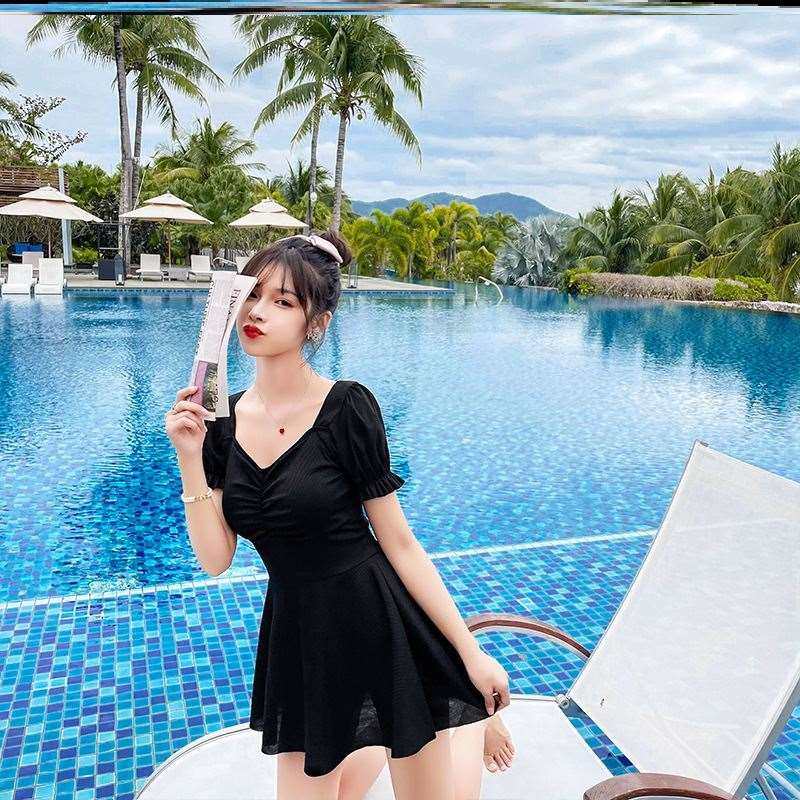 泳衣微胖女孩保守网红风仙显瘦女黑平角夏连体裙式小胸平胸用温泉
