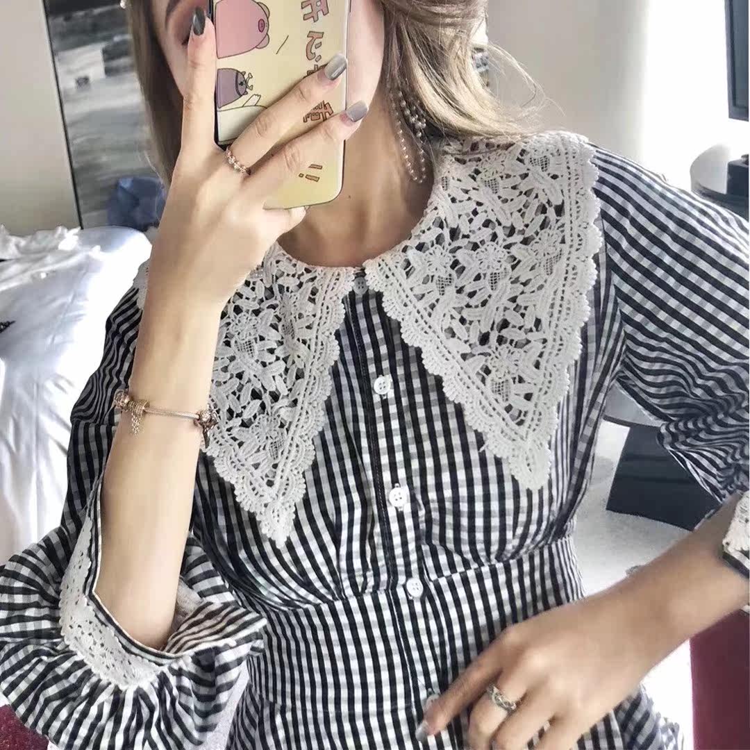 娃娃领衬衫春夏款女装大领设计感灯笼袖修身韩版收腰上衣格子衬衣|msdalam kategori Butik wanita / wanita, shirt - dari Buy2taobao.com untuk memberikan perkhidmatan ejen Taobao profesional membeli