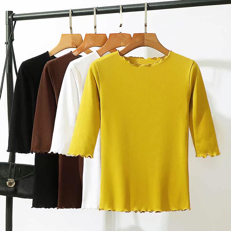 2019新款韩版内搭木耳边中袖打底衫修身显瘦五分袖白色t恤女上衣|msdalam kategori Butik wanita / wanita, baju-T - dari Buy2taobao.com untuk memberikan perkhidmatan ejen Taobao profesional membeli