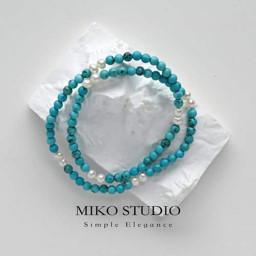 秋冬新款天然蓝绿松石拼淡水珍珠手链叠戴时尚双层项链情侣款饰品