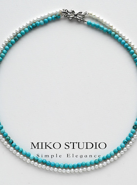 秋冬新款天然蓝绿松石拼淡水珍珠手链叠戴时尚双层项链情母亲节礼