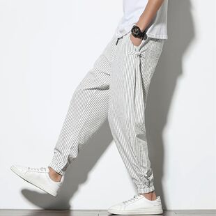 Buckle Striped Harem Spring Mens Disc Pants Breathabl Summer