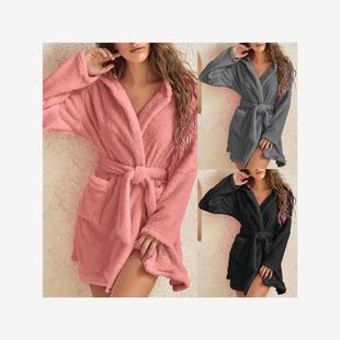 Womens winter warm bathrobe 法兰绒睡袍浴衣珊瑚绒连帽家居服新