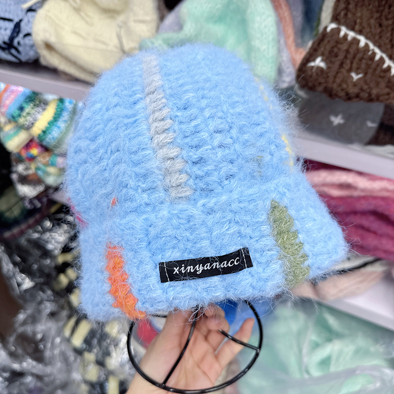 韩国代购东大门冬季新款美式拼色布标粗毛线针织帽保暖软糯毛线帽