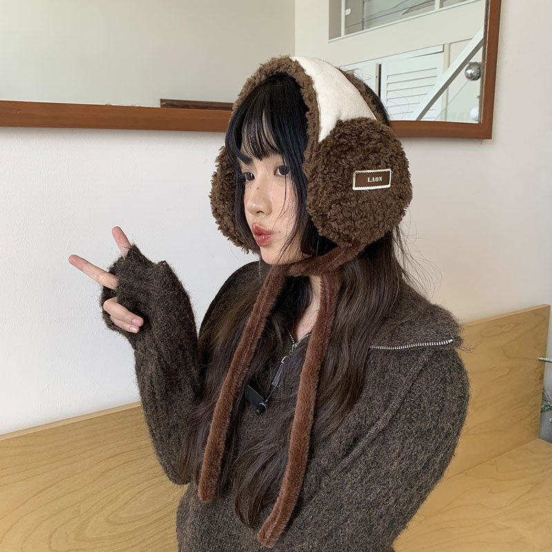 韩国代购东大门秋冬新款韩系拼色毛绒耳罩女加绒保暖护耳系带耳暖