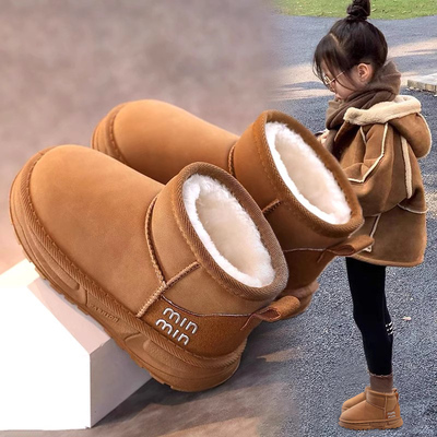 儿童加绒加厚雪地靴皮面2025新款