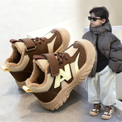 儿童加绒运动鞋皮面秋冬保暖二棉