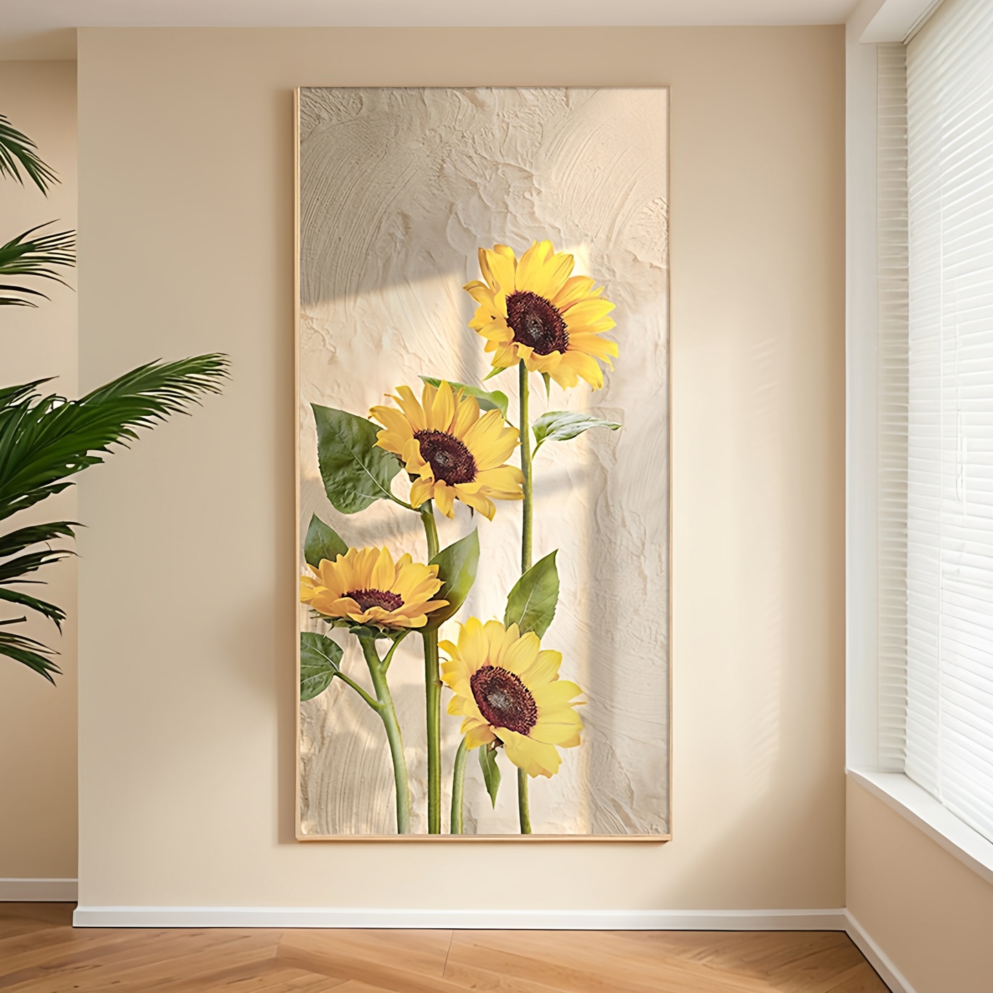 北欧玄关装饰画向日葵走廊过道挂画原木风肌理画客厅入户光影壁画