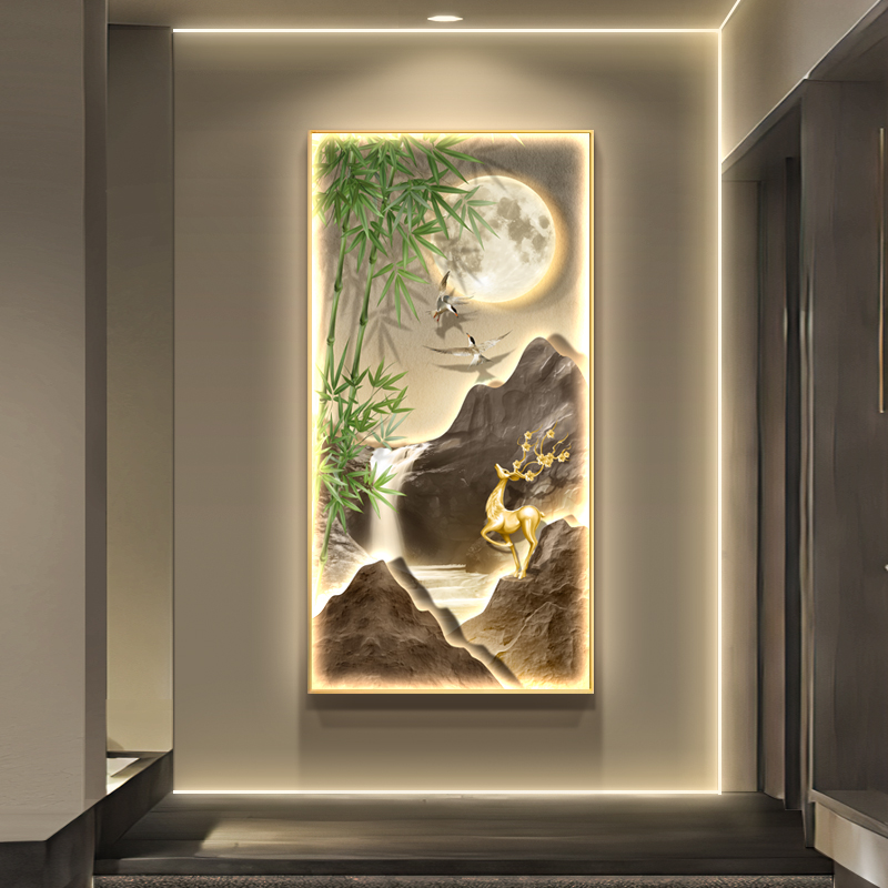 竹报平安竹子挂画流水生财山水风景画玄关走廊过道LED灯鹿的挂画