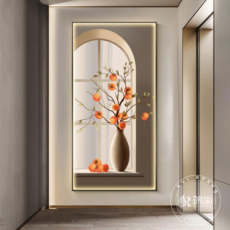 入户玄关装饰画带灯发光画轻奢现代简约风正对门客厅竖版壁画