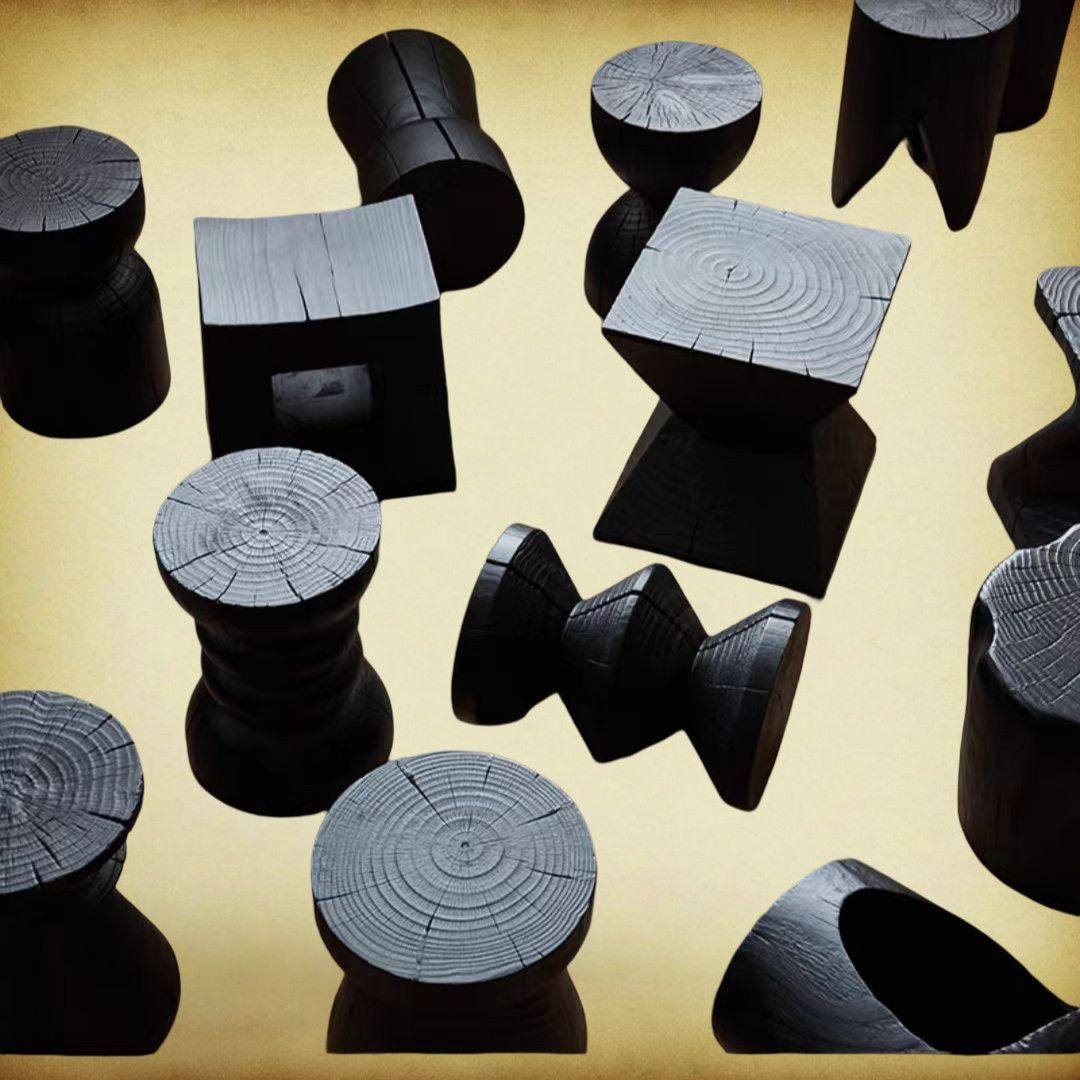 诧寂碳化实木木墩树墩摆件民宿矮凳原木碳化黑色茶几根雕凳子创意