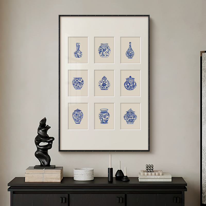 青花瓷瓶安》法式现代中国风客厅装饰画新中式餐厅玄关花瓶挂画图片