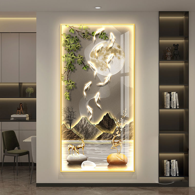 led灯光画入户玄关挂画新中式过道壁画插电带灯九鱼图明月山水画