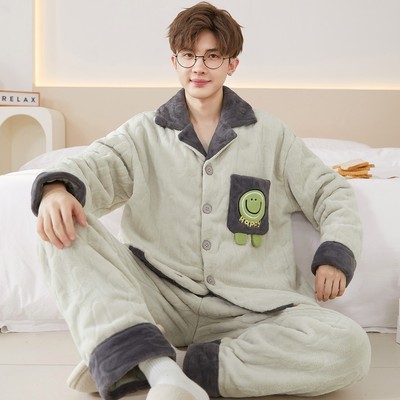珊瑚绒睡衣男士秋冬季加绒加厚青少年大码男款开衫新款家居服套装