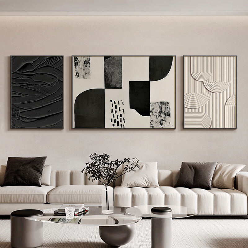 抽象沙发背景墙挂画简约黑白灰客厅装饰画抽象艺术高级感三联壁画