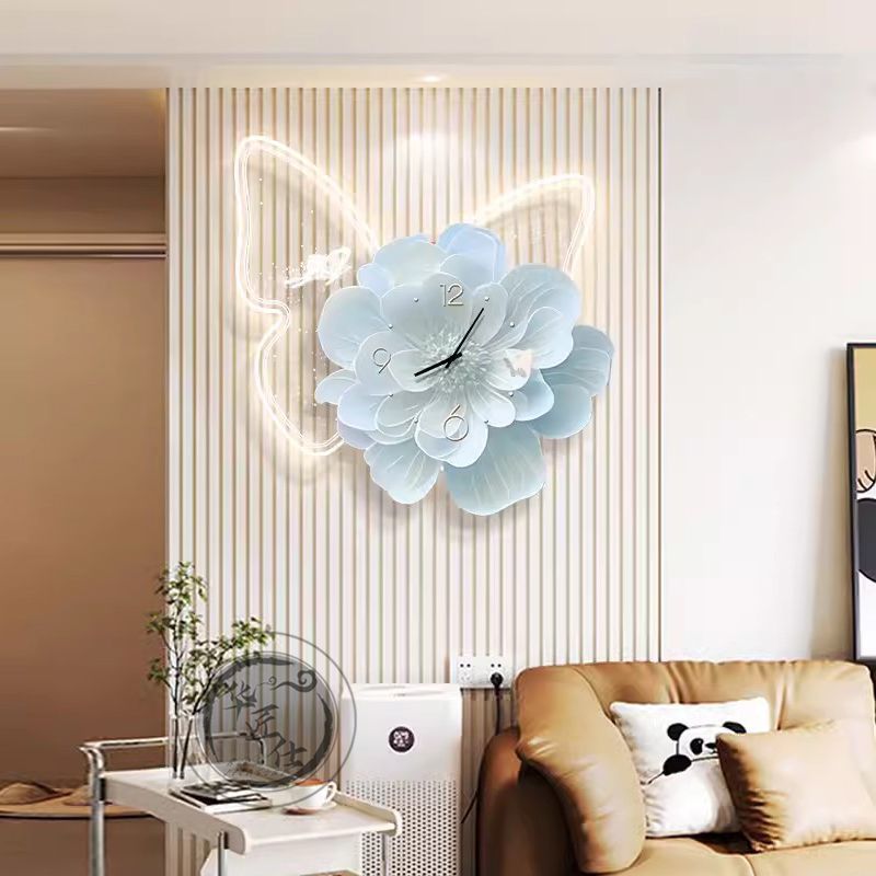 2025新款奶油风蝴蝶发光挂钟创意时钟壁灯表挂墙客厅餐厅网红创意