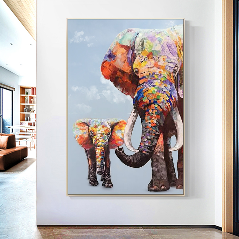 纯手绘简约现代入户玄关装饰画大象抽象客厅沙发背景动物走廊油画