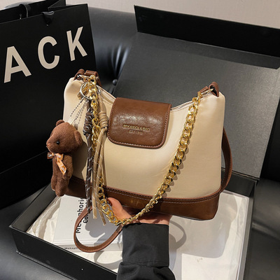 2026新款拼色菱格链条包女式复古