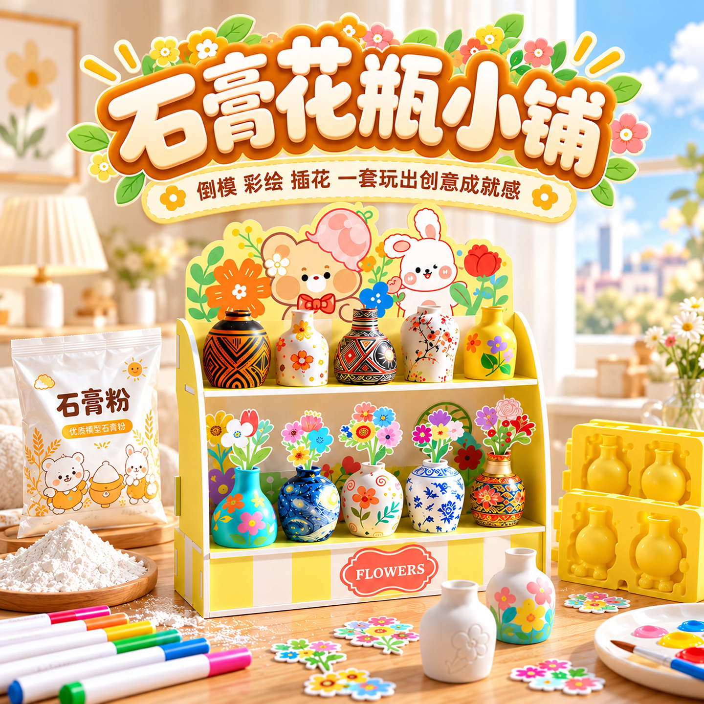 石膏花瓶女生手工diy创意涂色玩具制作小学生儿童益智女孩子礼物