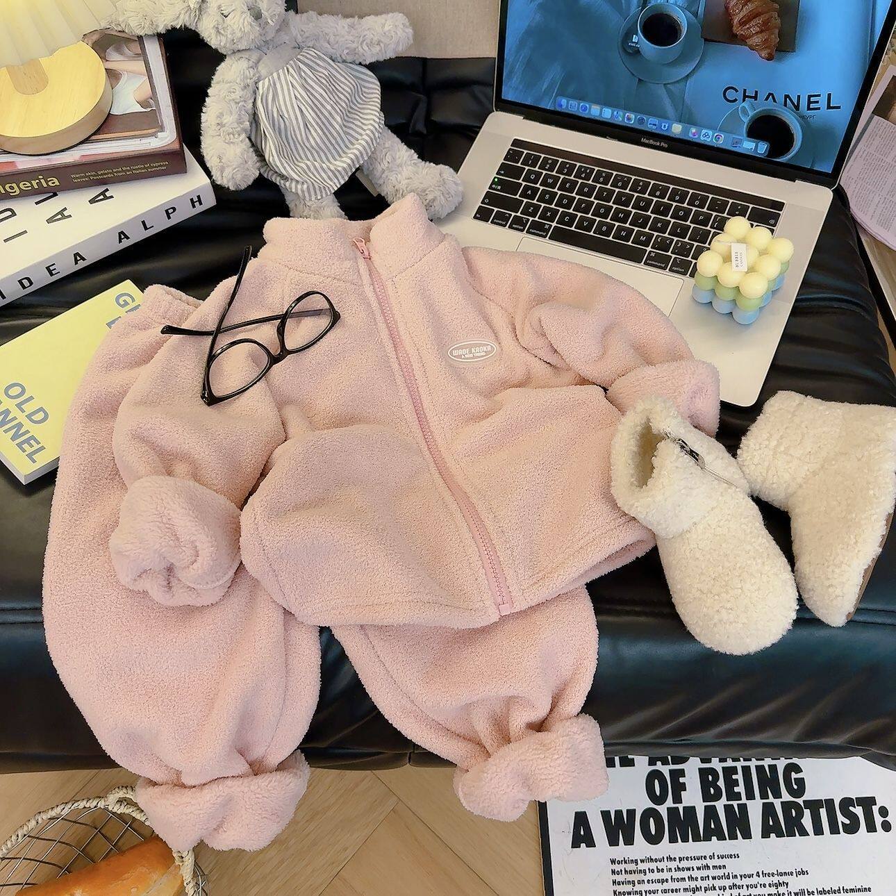 儿童秋冬开衫立领套装双面绒毛毛衣男童女童软糯加绒厚保暖外套