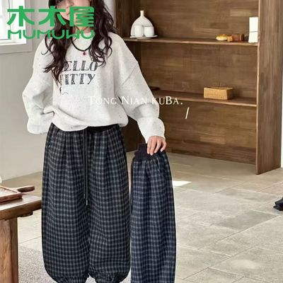 木木屋高质量男女中大童加绒保暖裤潮流格子秋冬季加厚保暖裤