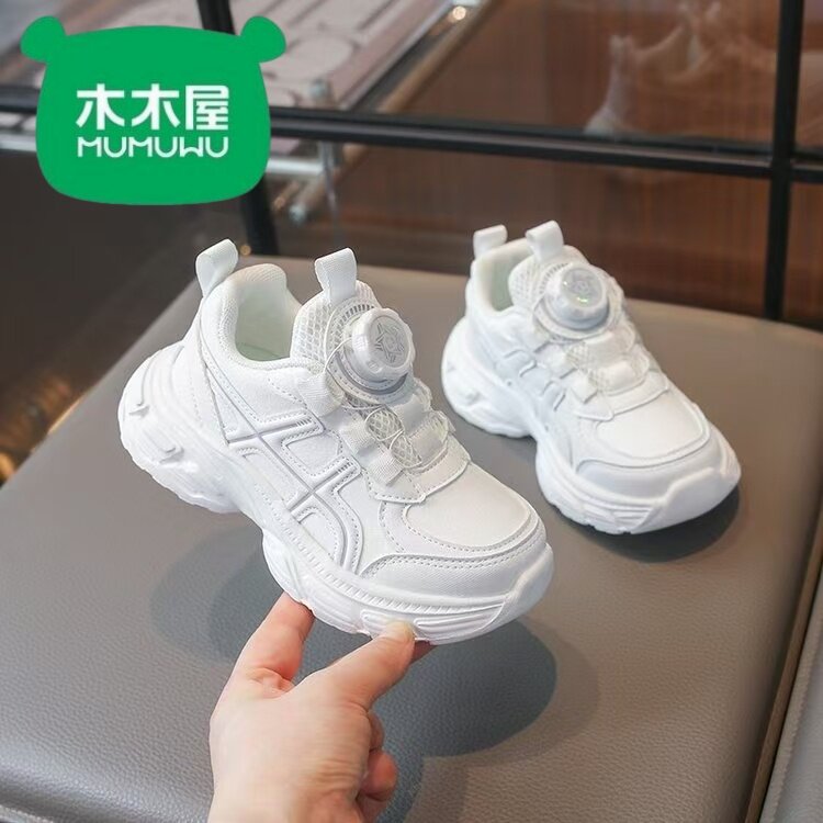 木木屋女童旋转运动鞋校园新款儿童单网纽扣透气小白鞋轻便跑步鞋