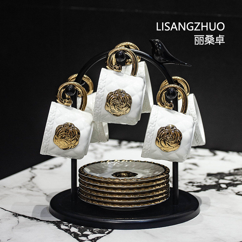 咖啡杯高级感轻奢高颜值高档精致复古带杯架一套中古风茶杯套装图片