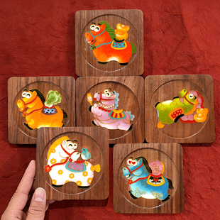 马年系列胡桃木杯垫 景泰蓝代掐丝珐琅画diy釉料材料包非遗团建