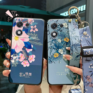 适用荣耀x70i手机壳ABRAN00全包防摔硅胶软保护套ryx70腕带支架斜挎可挂脖绳x70i花朵文字时尚 中国风女