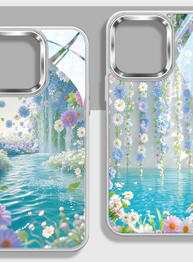 蓝色花朵手机套适用苹果iPhone16promax简约ins冷淡风15plus小清新14pmx夏日11限定13px大孔不包镜头12pm玻璃